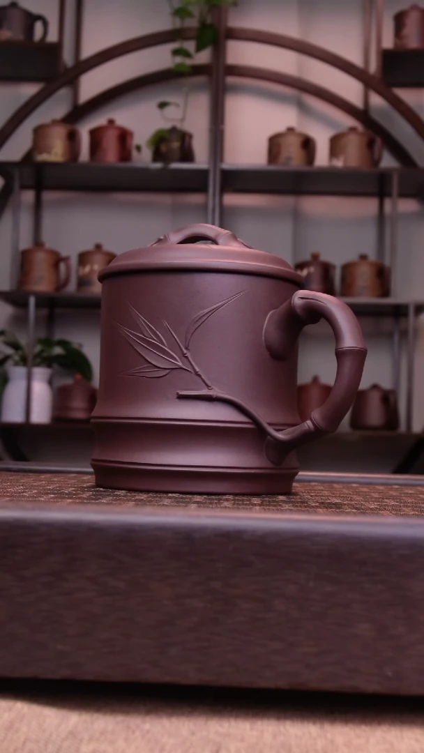 茶杯紫砂手工三面贴竹叶大竹节杯600CC容量