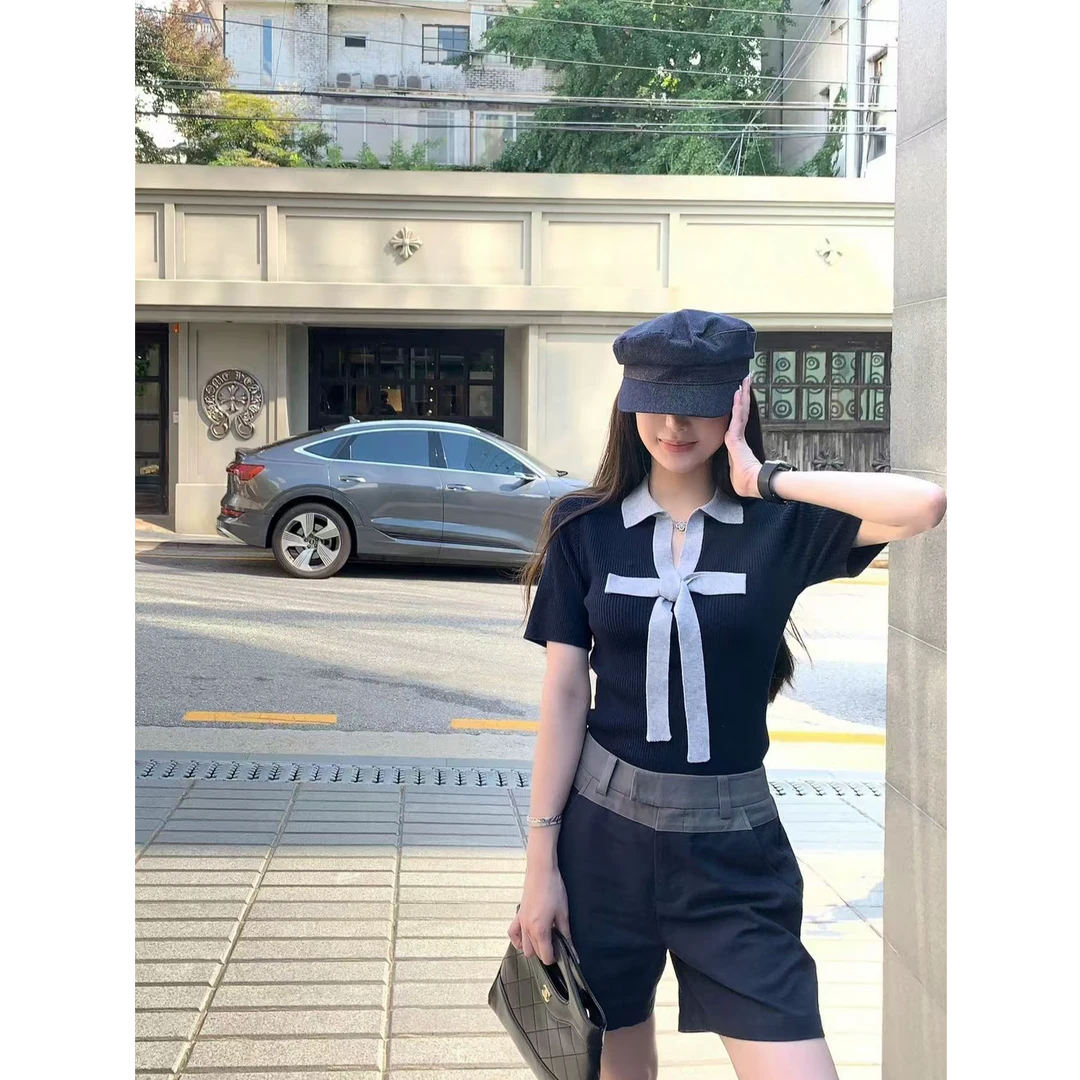 【莱茵学廊】2025秋季新款减龄蝴蝶结针织上衣配显瘦西装短裤套装女