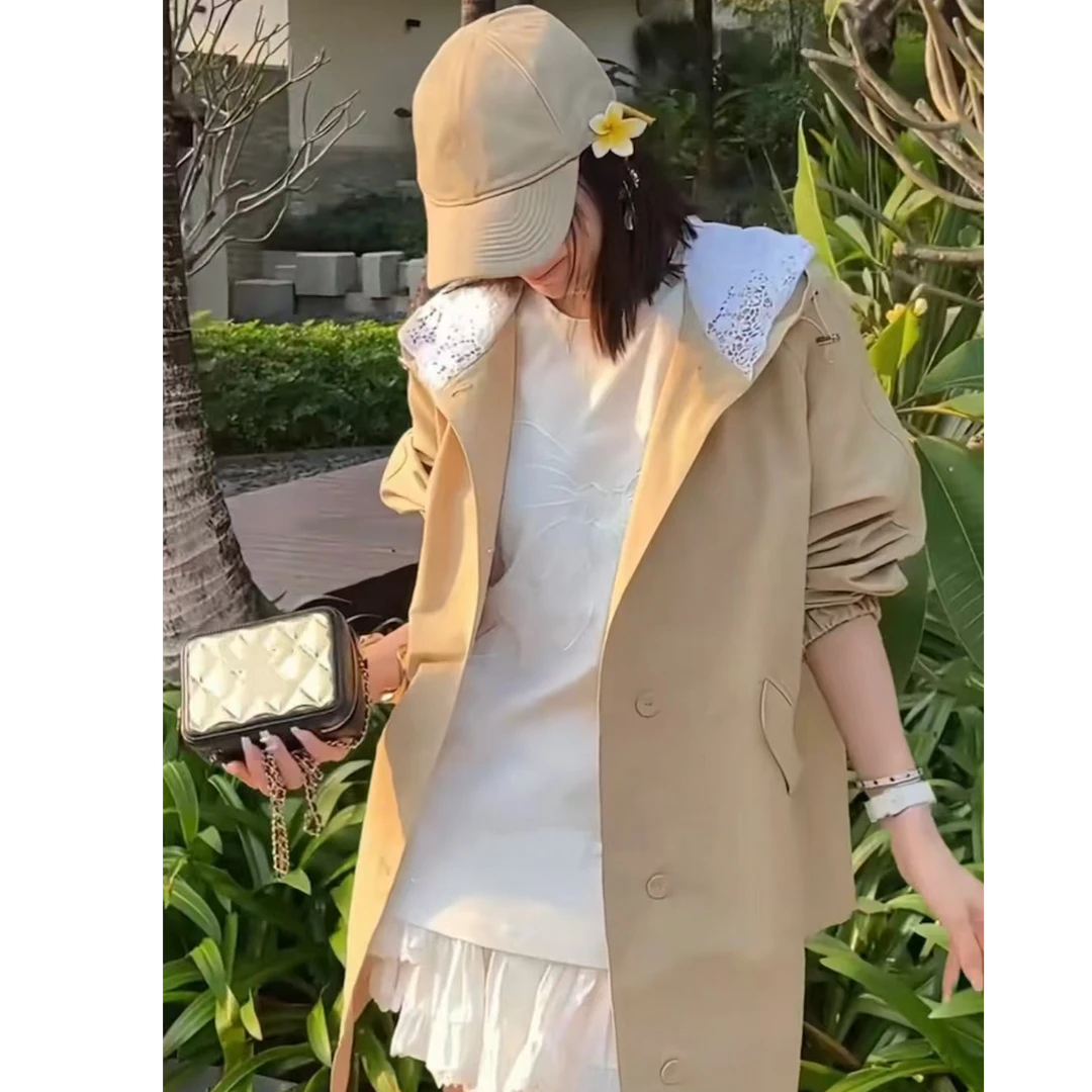 D6085拼接中长款女连帽短外套百搭设计感拼接蕾丝风衣