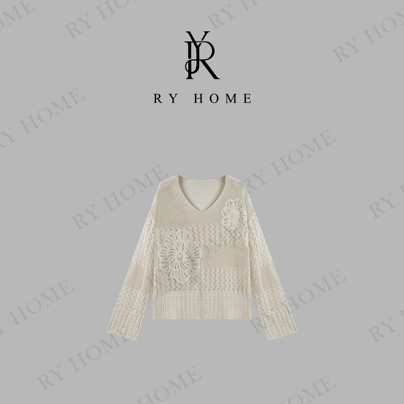 【容雨RYHOME】镂空花纹V领长袖毛织衫252M2926