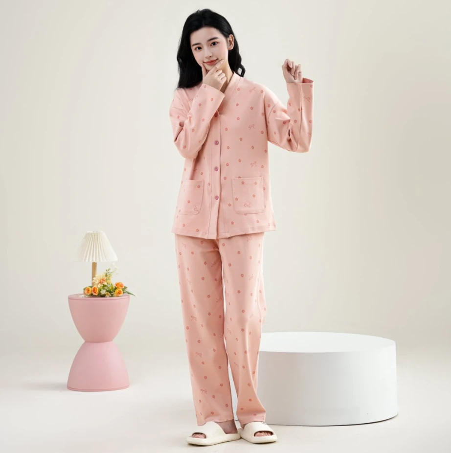 M秋冬带胸垫开衫女士双面棉长袖长裤套装 粉色花花时尚家居服套装