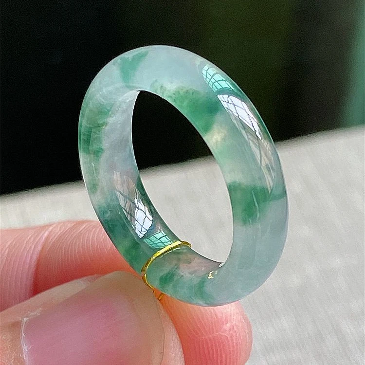 12号圈口冰种飘蓝花翡翠戒指 缅甸天然A货玉戒圈内径16.4mm