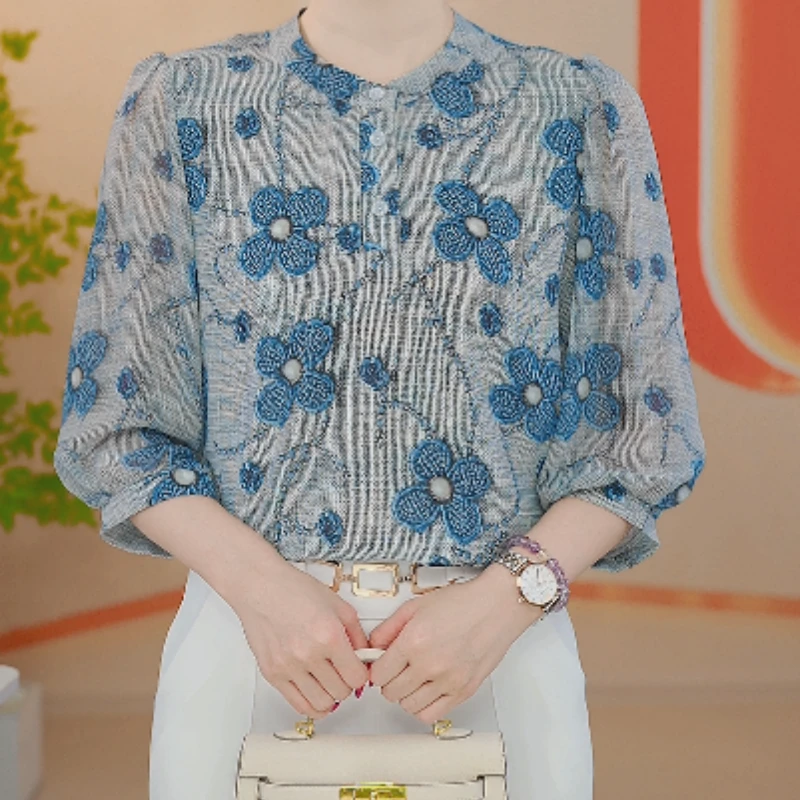 C99【出口原单】优雅时尚气质显瘦衬衫（平面花）-香菜