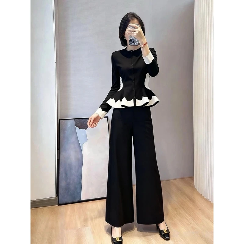 大方得体穿搭一整套干练气质高端小香风黑色荷叶边上衣裤子套装秋