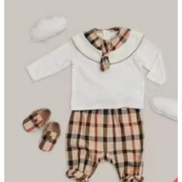 067-韩版25春儿童洋气格纹大领子白色衬衣套装25107