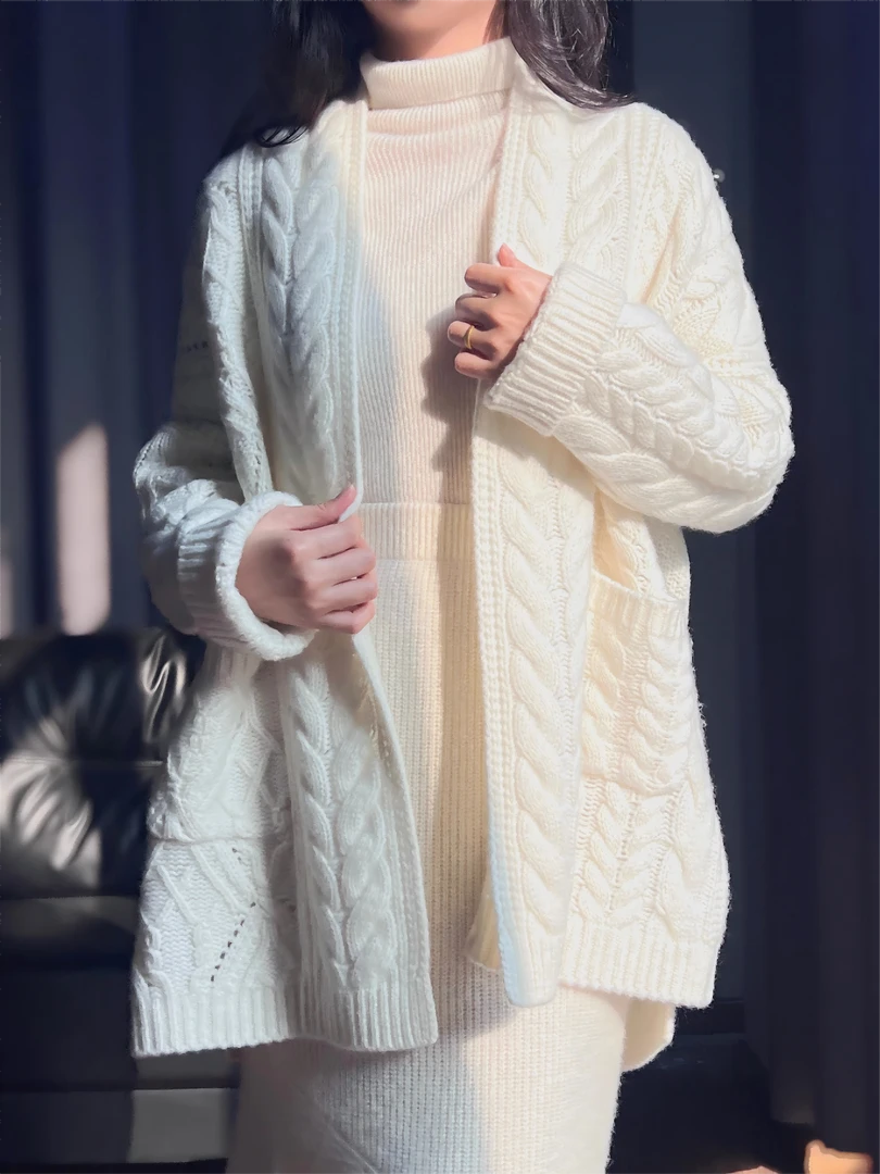 MeraxMer100%山羊绒重工绞花高克重厚款针织中长款大开衫外套