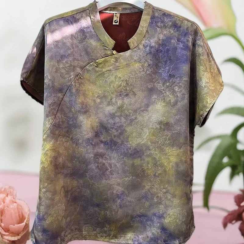 《香云老料》新中式国风夏季新款立领盘扣短袖国风古典斜襟小衫513