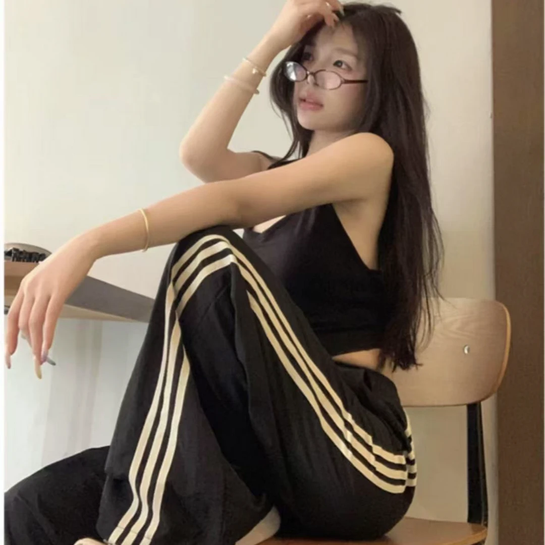 7765-（视觉显瘦）三杠条纹直筒速干裤（黑色）