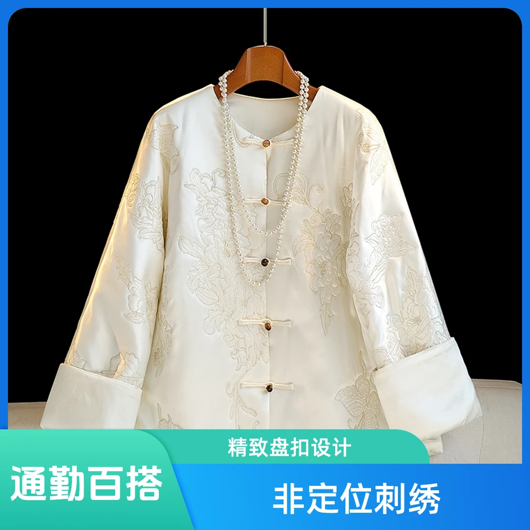 南油国风新中式金线刺绣棉服女原创设计冬季白色夹棉保暖宽松
