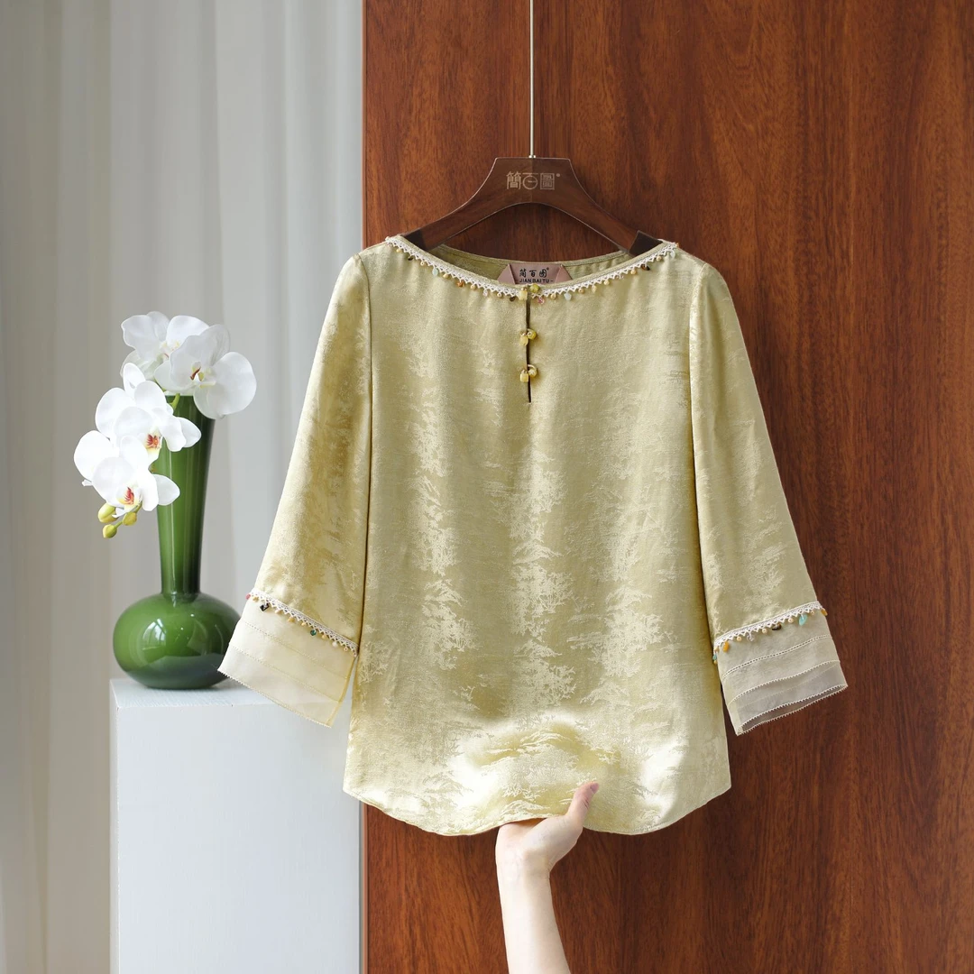 2025新款浅绿提花新中式恋花重工珠绣一字领显瘦国风衬衫