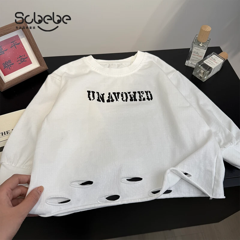 现货【纯棉】儿童套头卫衣春秋新款男童韩版字母破洞下摆长袖AS725