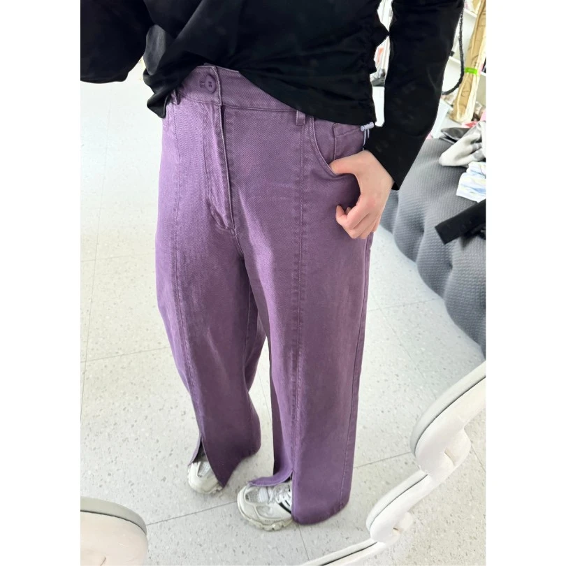 晶咕【春日糖果】高腰显瘦前中线立体裤脚小开叉牛仔直筒裤时尚