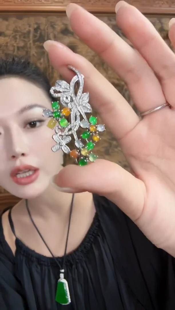 翡翠银S925镶嵌胸饰胸针