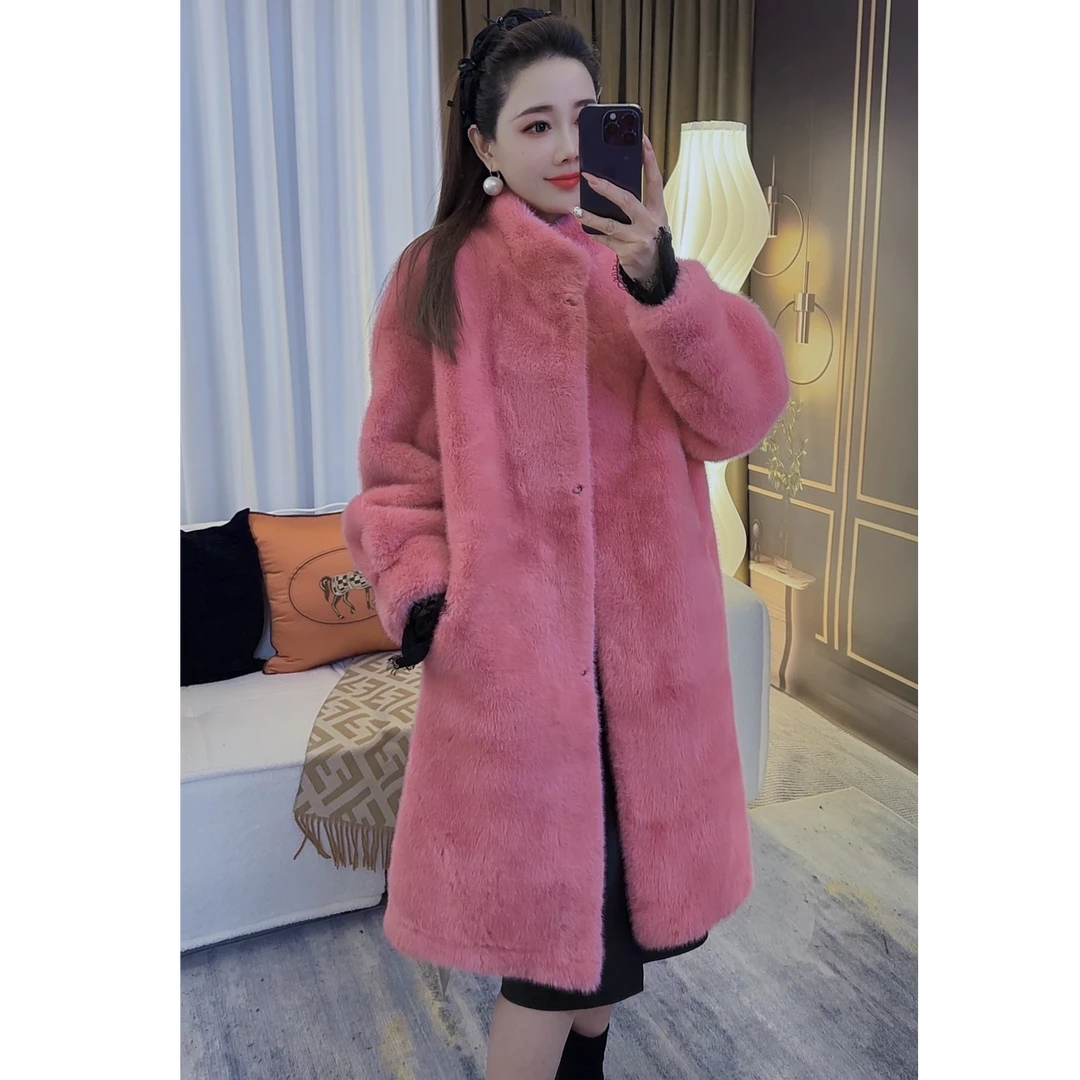 【枫枫家】1122中长款宽松立领加厚外套女毛毛大衣