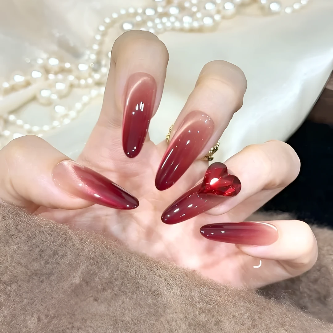 【鸿运甜心】秋冬法式轻奢红色猫眼美甲穿戴甲片长款显白高级感美甲