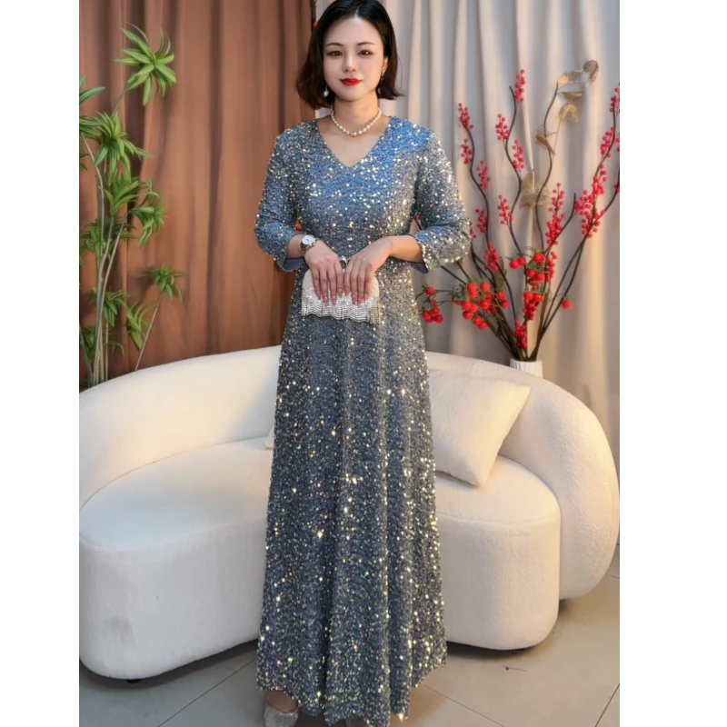 厚款秋冬装七分袖A字裙新娘主持礼服演出合唱团晚礼服遮肚子长裙