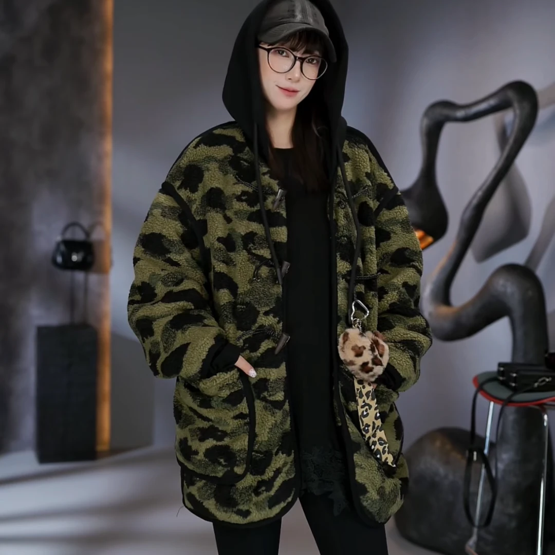 GG潮牌秋季连帽宽松迷彩休闲毛毛外套 154090