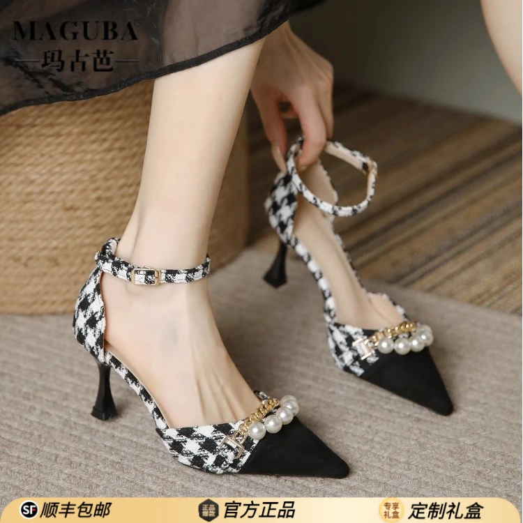 MAGUBA/玛古芭一字带千鸟格高跟鞋女细跟浅口尖头中空仙女风气质
