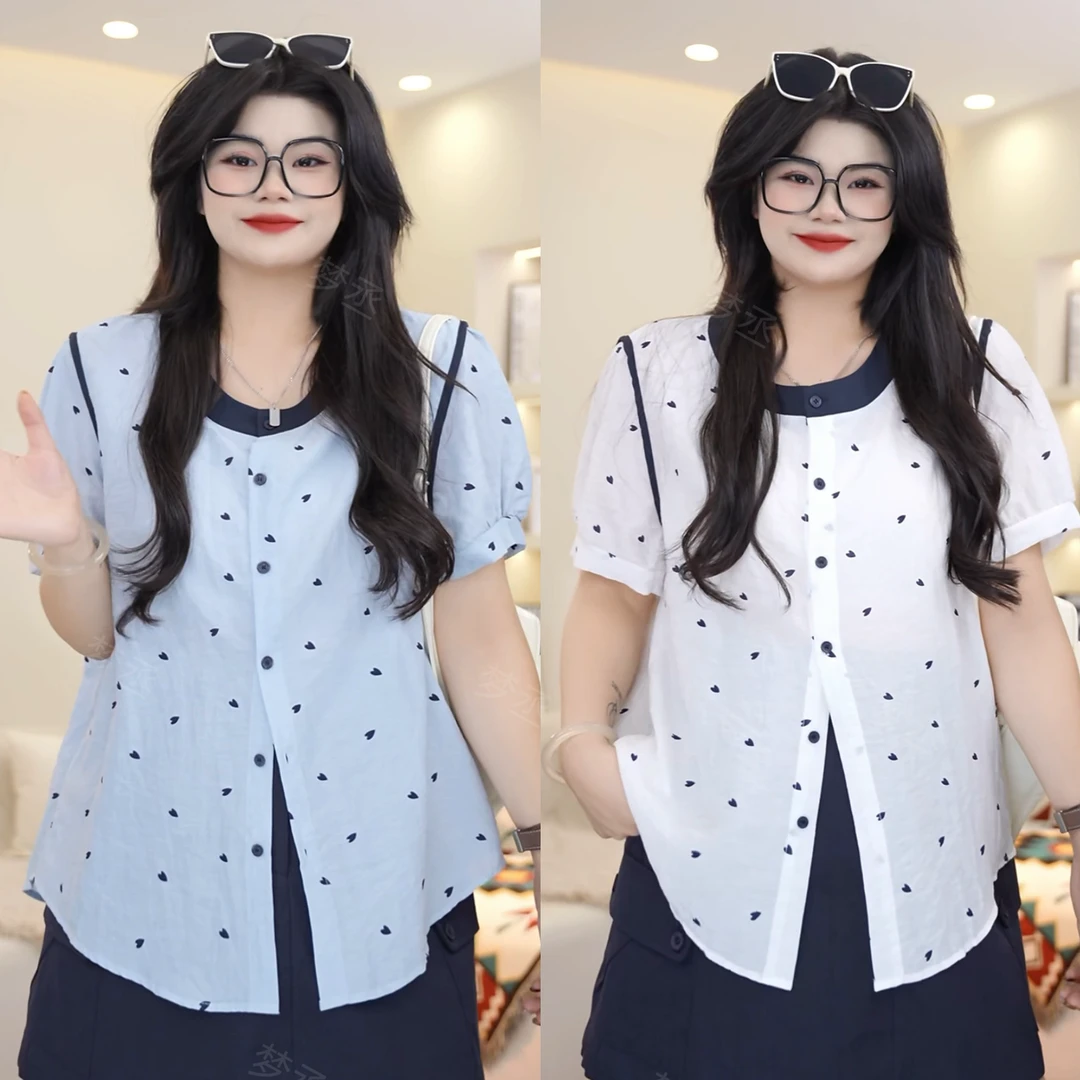 梦丞-胖mm大码女装夏季圆领爱心印花小衫女装韩系洋气短袖衬衫女