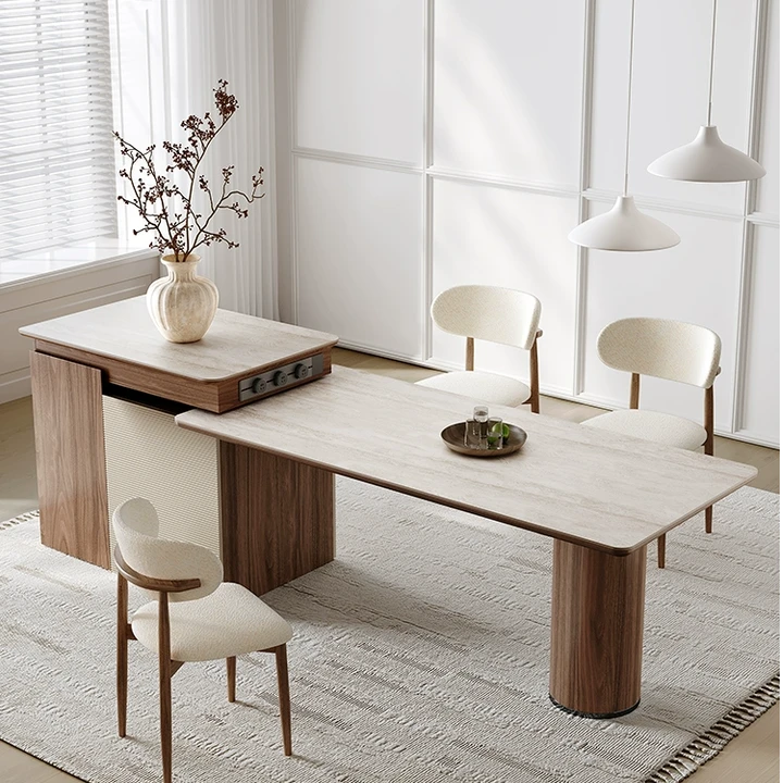 凡创佳品岛台餐桌一体可伸缩家用轻奢奶油风高端新款洞石岩板倒