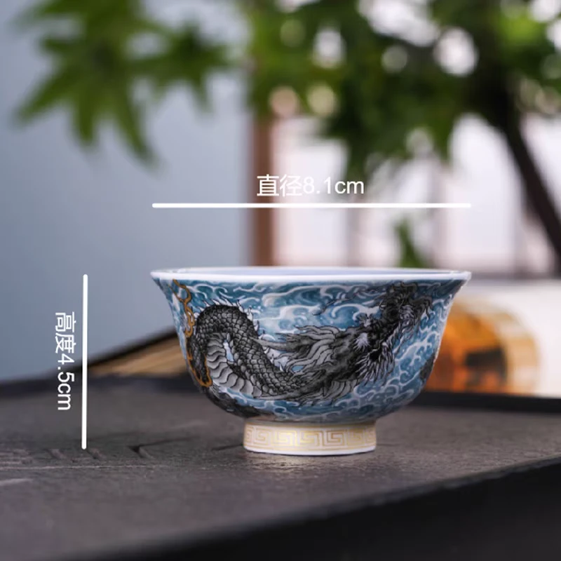 景德镇手工手作釉下彩龙腾四海高端茶具陶瓷主人杯压手杯（小号）