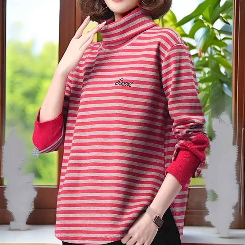 8635高领加绒加厚条纹卫衣女新款韩版宽松显瘦百搭打底衫T恤