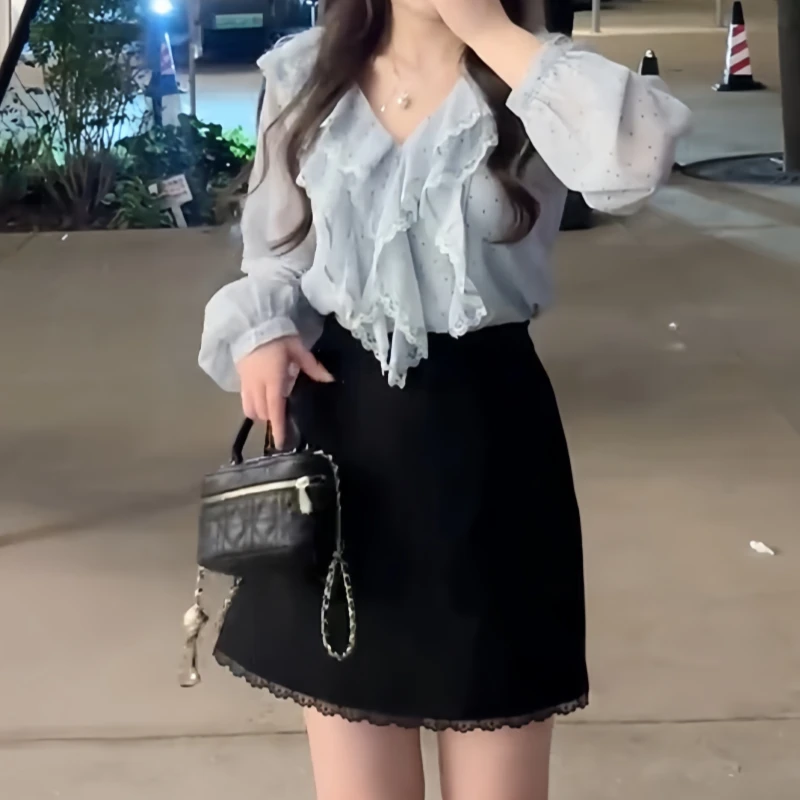 法式V领荷叶边长袖衬衫早秋新款蓝色上衣大码显瘦A字裙时尚套装女