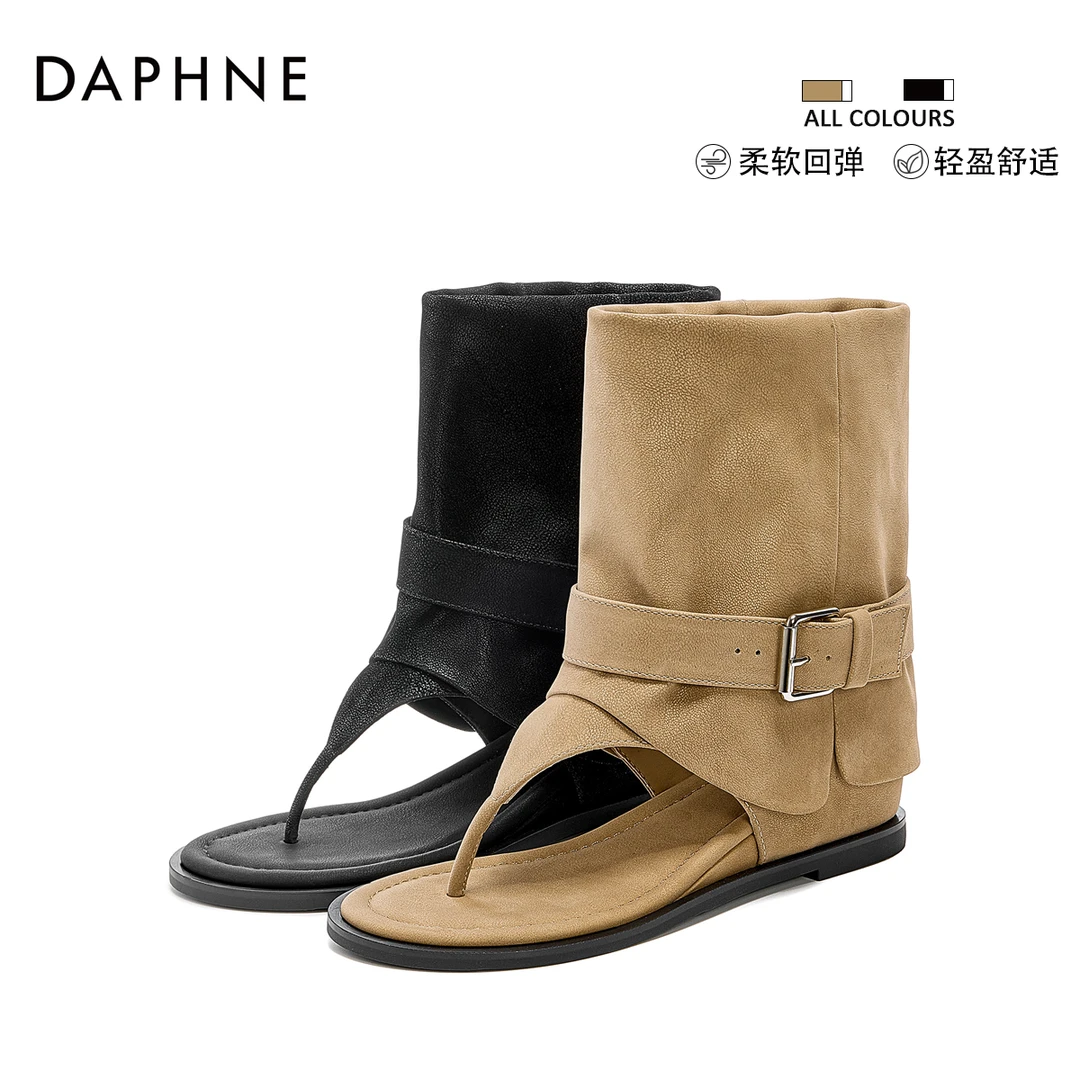 达芙妮网红爆款2025年夏季夹趾复古港风时尚凉靴凉鞋尖头百搭平底