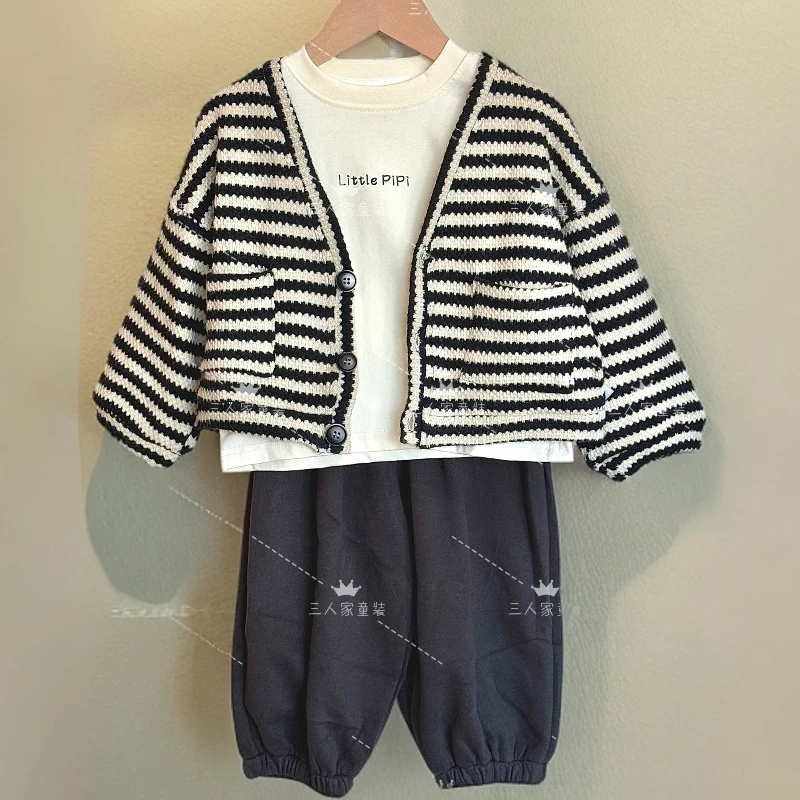 男女通用套装春秋韩版时尚常规毛衣条纹儿童休闲男洋气针织秋款