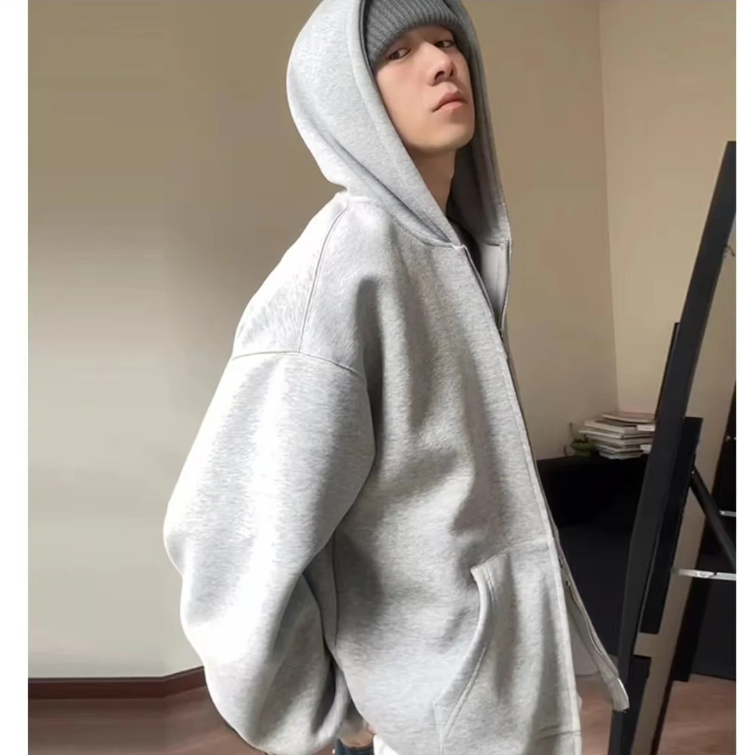 美式休闲基础纯色连帽开衫卫衣男女春秋cleanfit宽松情侣帽衫外套