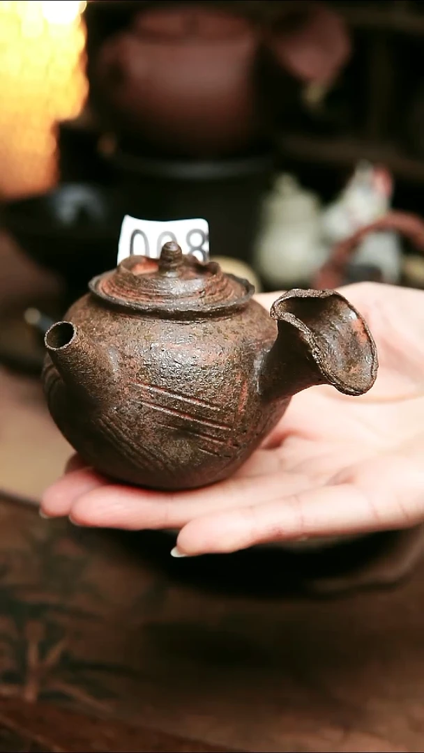 008号非薄胎，紫砂全手工古朴红粉引侧把茶壶125毫升