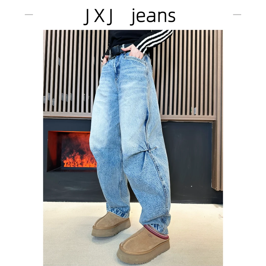 金小金 小众设计丹宁风褶皱显瘦弯刀牛仔裤