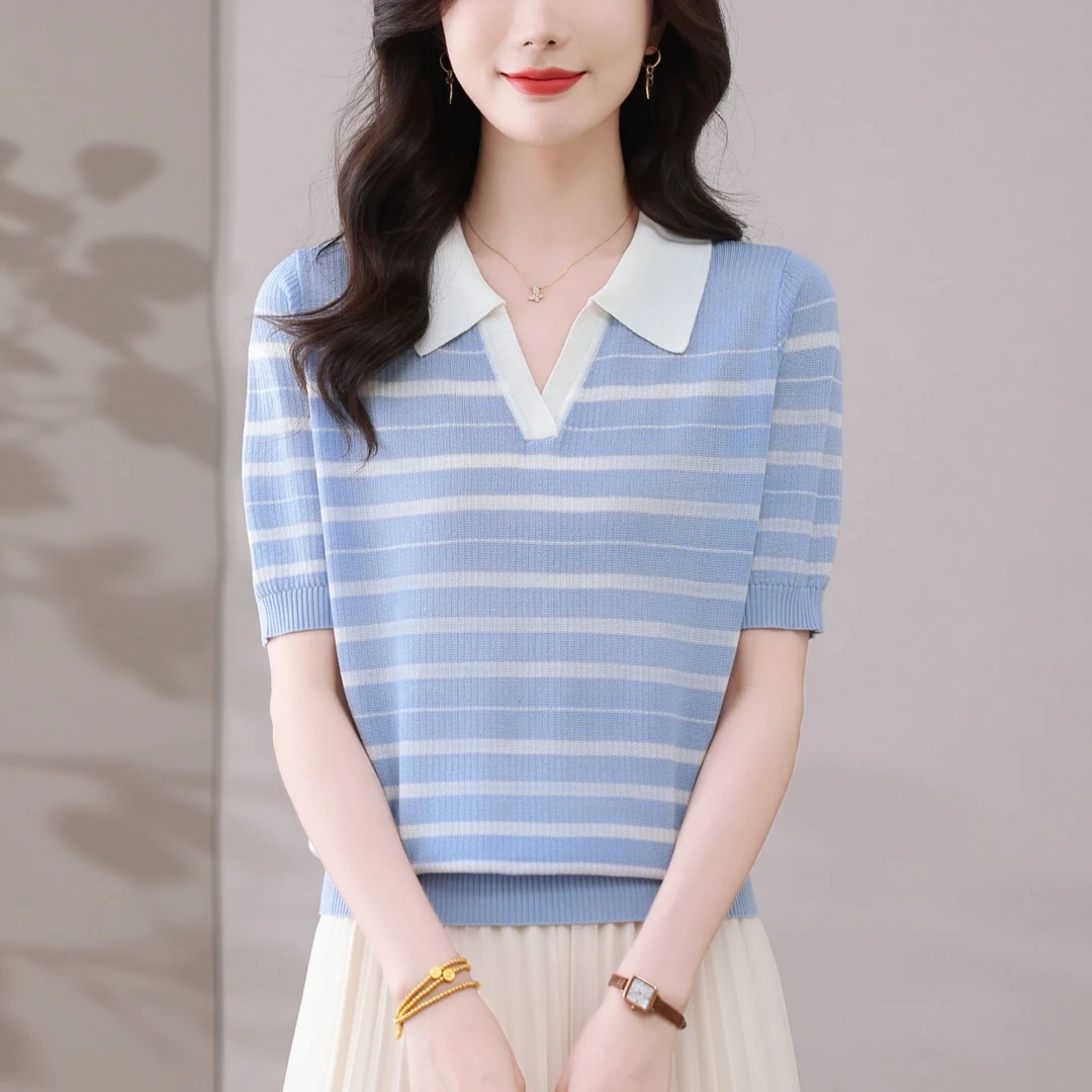 100莱赛尔天丝针织短袖t恤女2025夏季新款薄款条纹Polo领撞色上衣
