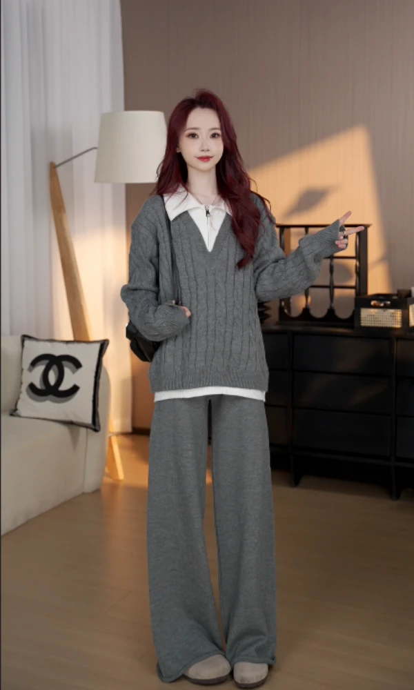轻奢高级感假两件拼接撞色麻花Polo领毛衣套装秋冬休闲灰色阔腿裤