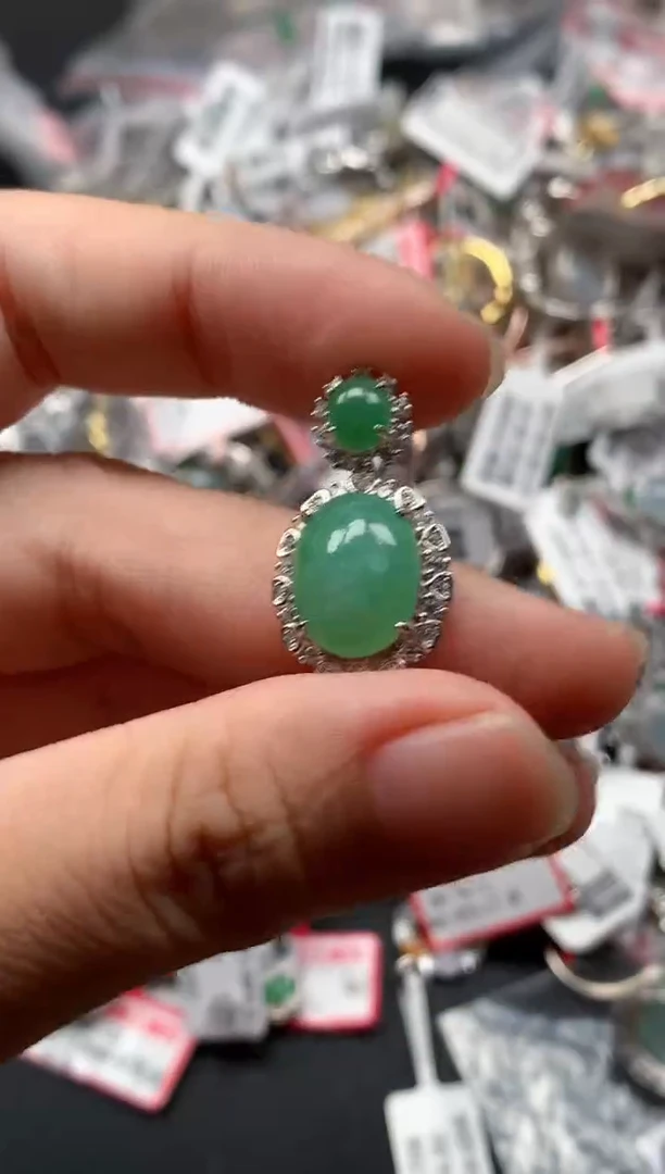 翡翠戒指银S925镶嵌天然A货缅甸翡翠