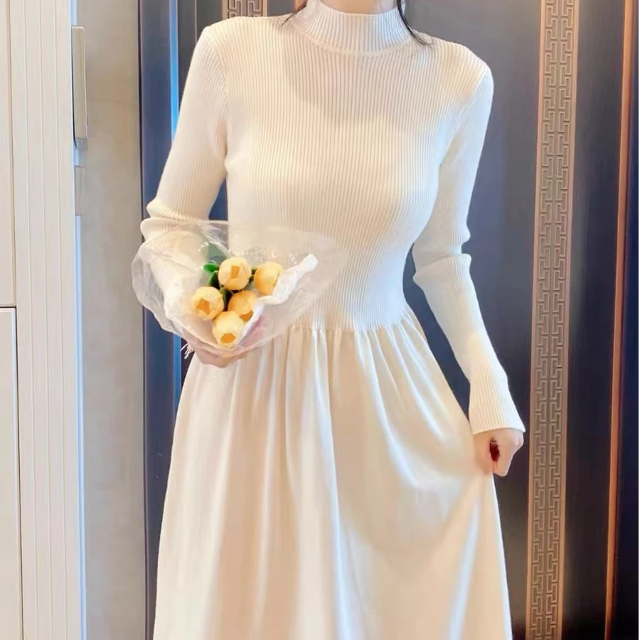 针织毛衣裙过膝内搭打底配大衣的长袖连衣裙女秋冬新款外穿长裙子