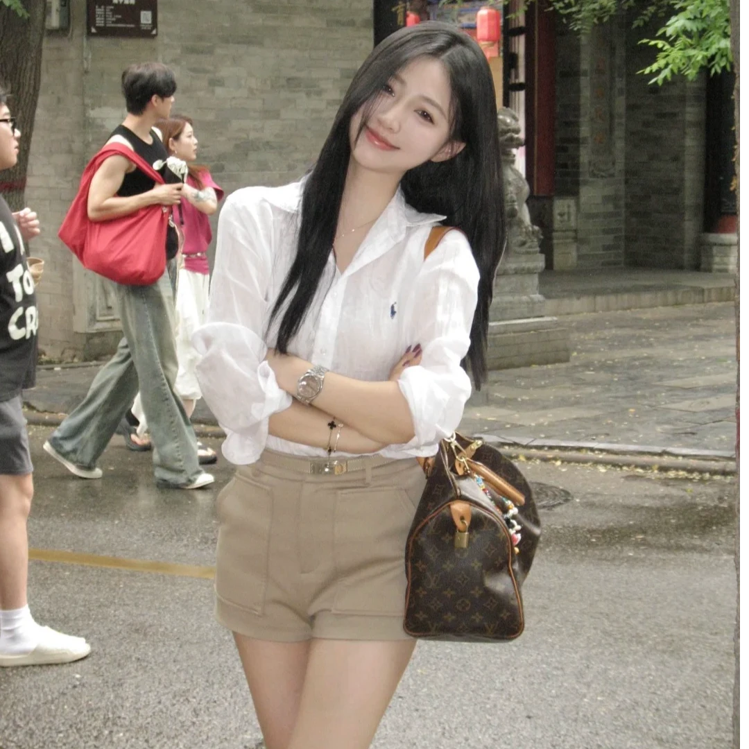 2025早秋新款时尚韩版POLO领长袖慵懒风防晒常规衬衫白色气质显瘦