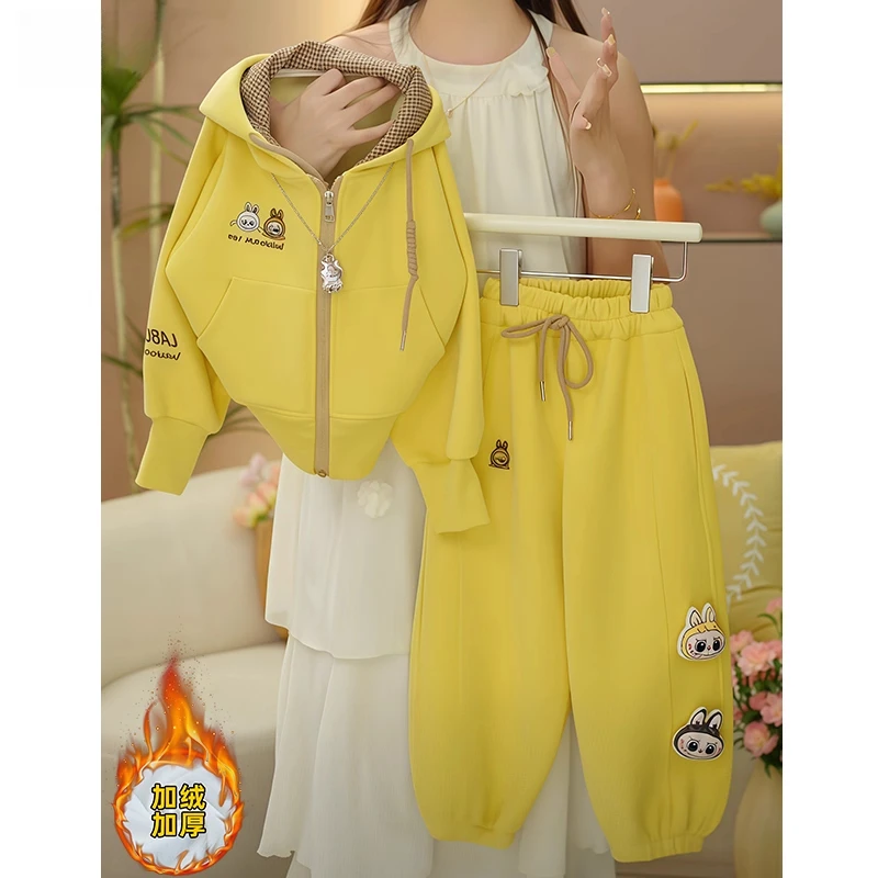 女童套装加绒加厚洋气2025新款春秋拉布布开衫外套一体绒卫裤深秋