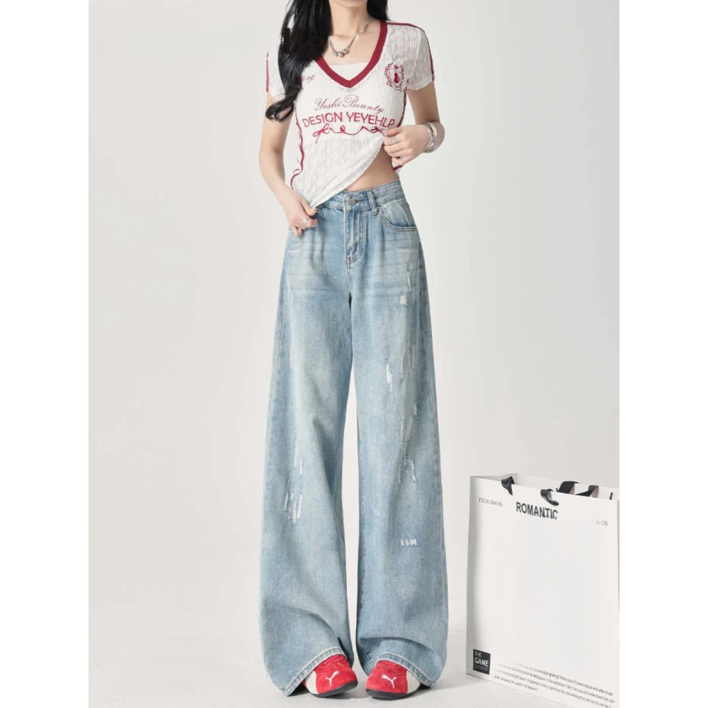 美式复古浅蓝色阔腿牛仔裤女2025新款春夏宽松简约垂感拖地直筒裤