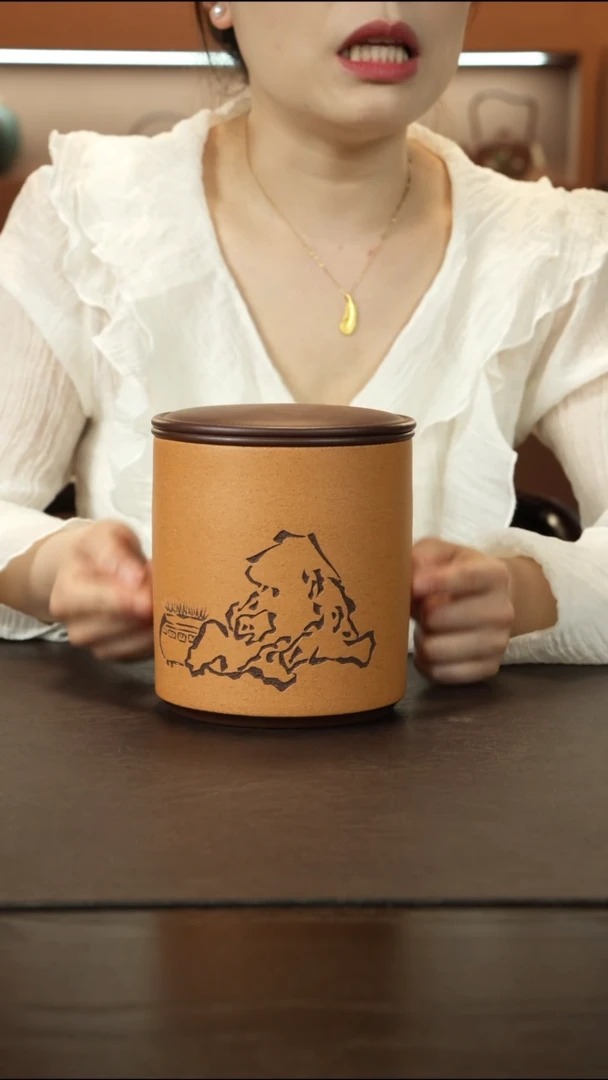 紫砂茶叶罐直播福利马方远五彩段粉浆刻绘清供