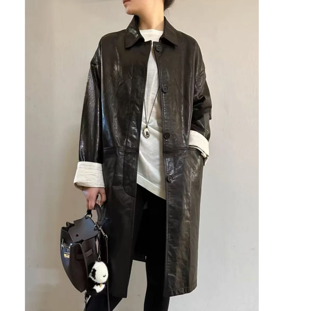 赫本油蜡绵羊皮中长款风衣女士外套早春新品A2703