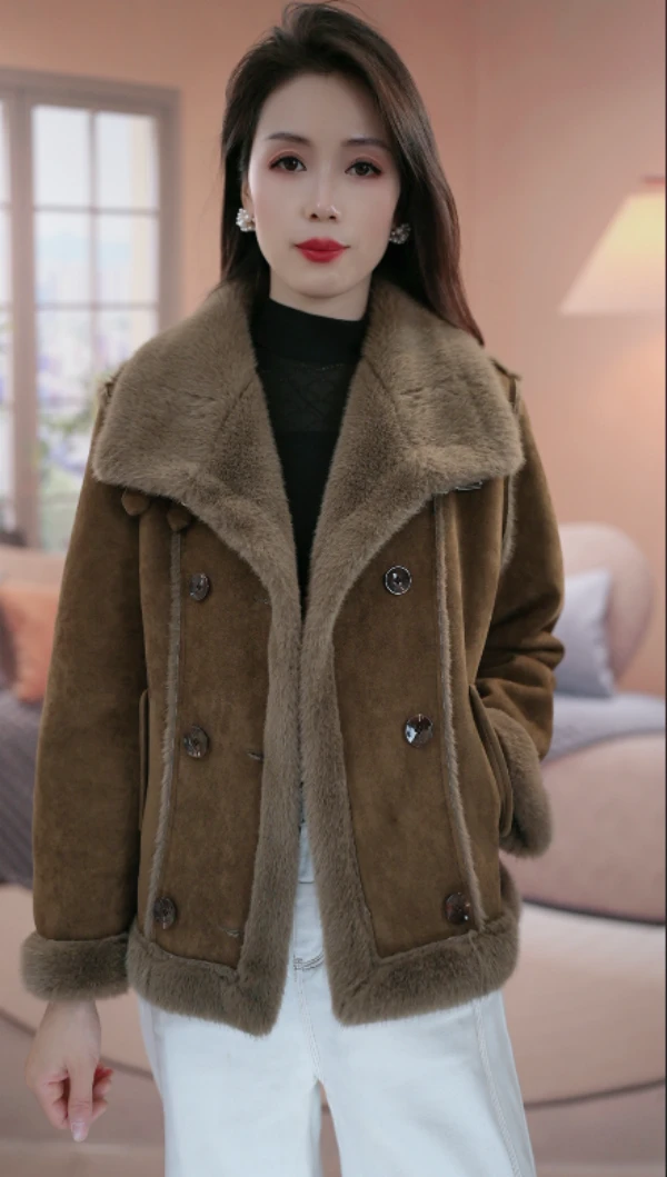 时尚立领防风宽松型冬季气质短款女保暖毛毛一体短外套大衣