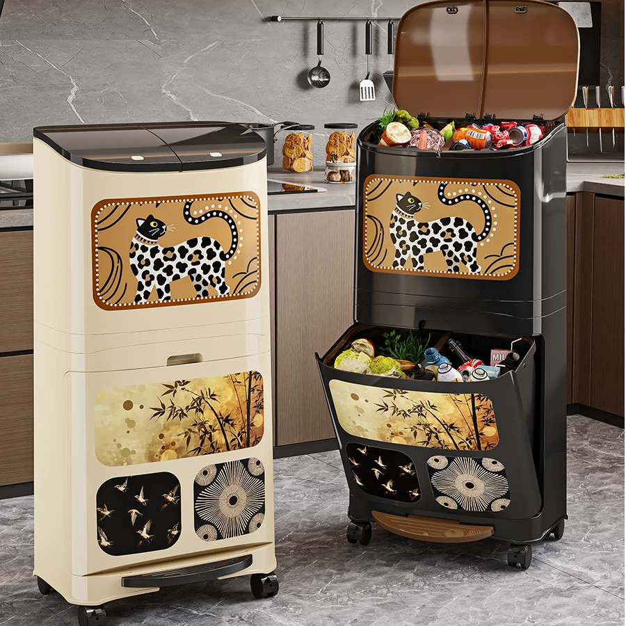 厨房收纳垃圾桶新款高款免弯腰家用可移动带盖大容量双层干湿分离