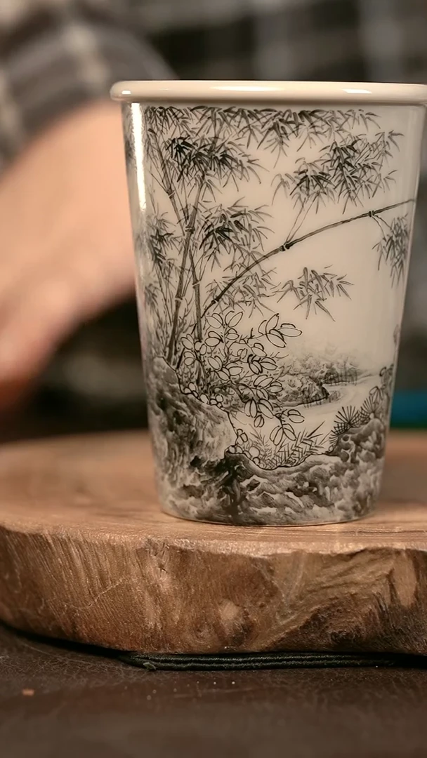 手绘 高温现代瓷   气窑  墨竹可乐杯260C