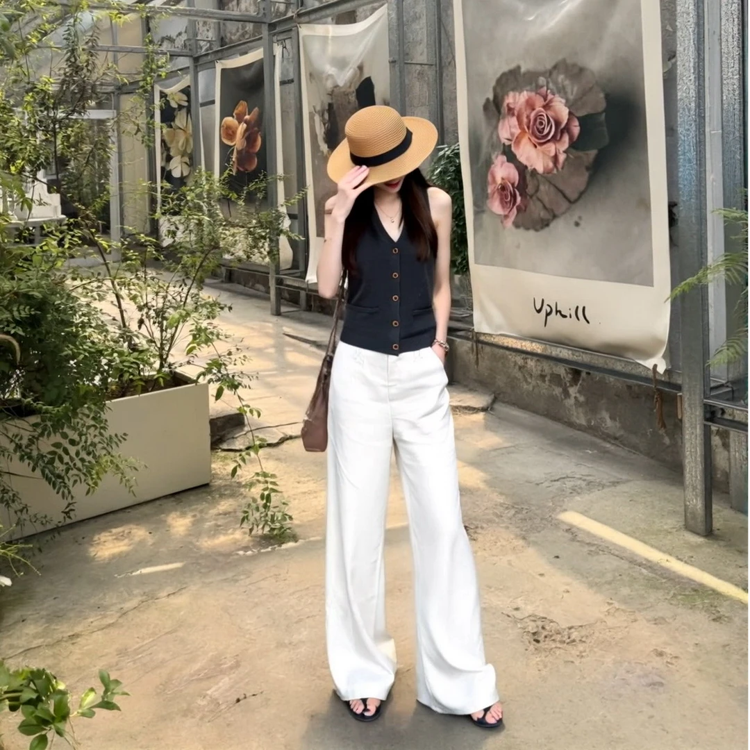 白色100%亚麻休闲裤西装裤春夏季薄款高腰显瘦垂感女阔腿裤老钱风