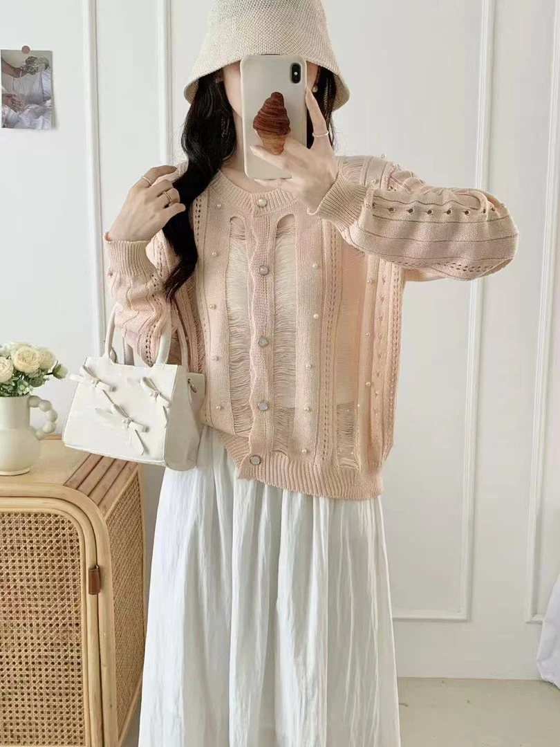 早秋新款圆领长袖拼接纯色镂空女毛针织衫韩版开衫赫本风森系纯色