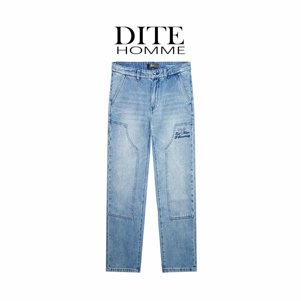 DITE迪特25春夏破洞设计师直筒裤做旧复古印花牛仔裤水洗男士蓝色