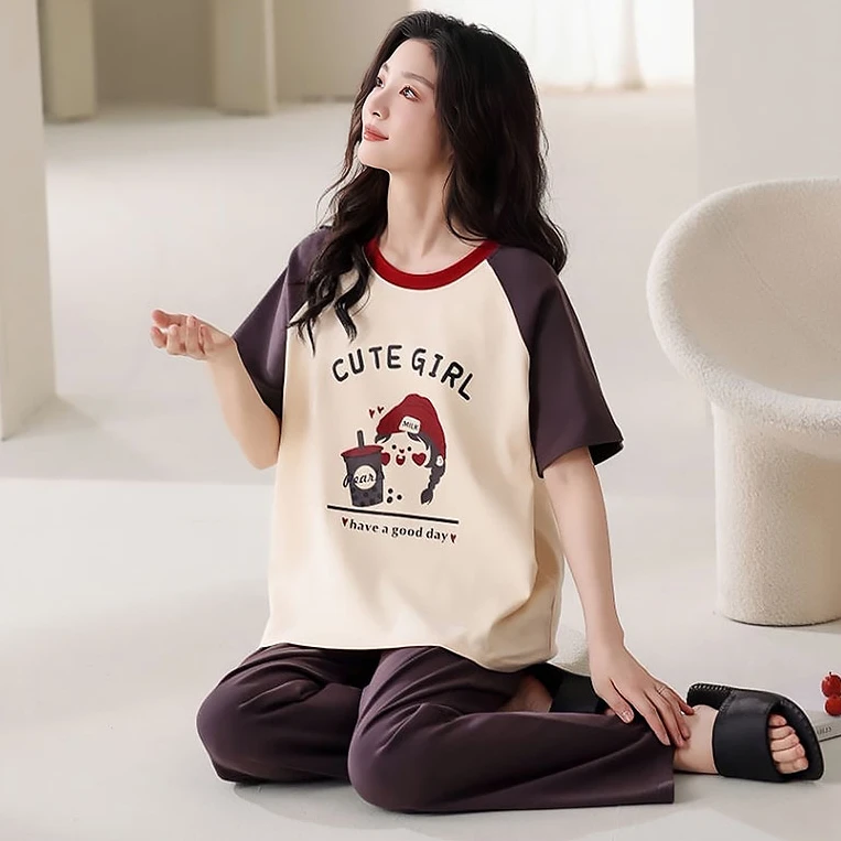 睡衣女套装夏季薄款女士韩版宽松大码休闲时尚卡通夏天家居服