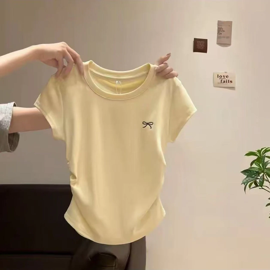 【运费全补】奶黄色圆领显白短袖T恤小个子修身褶皱收腰蝴蝶结上衣