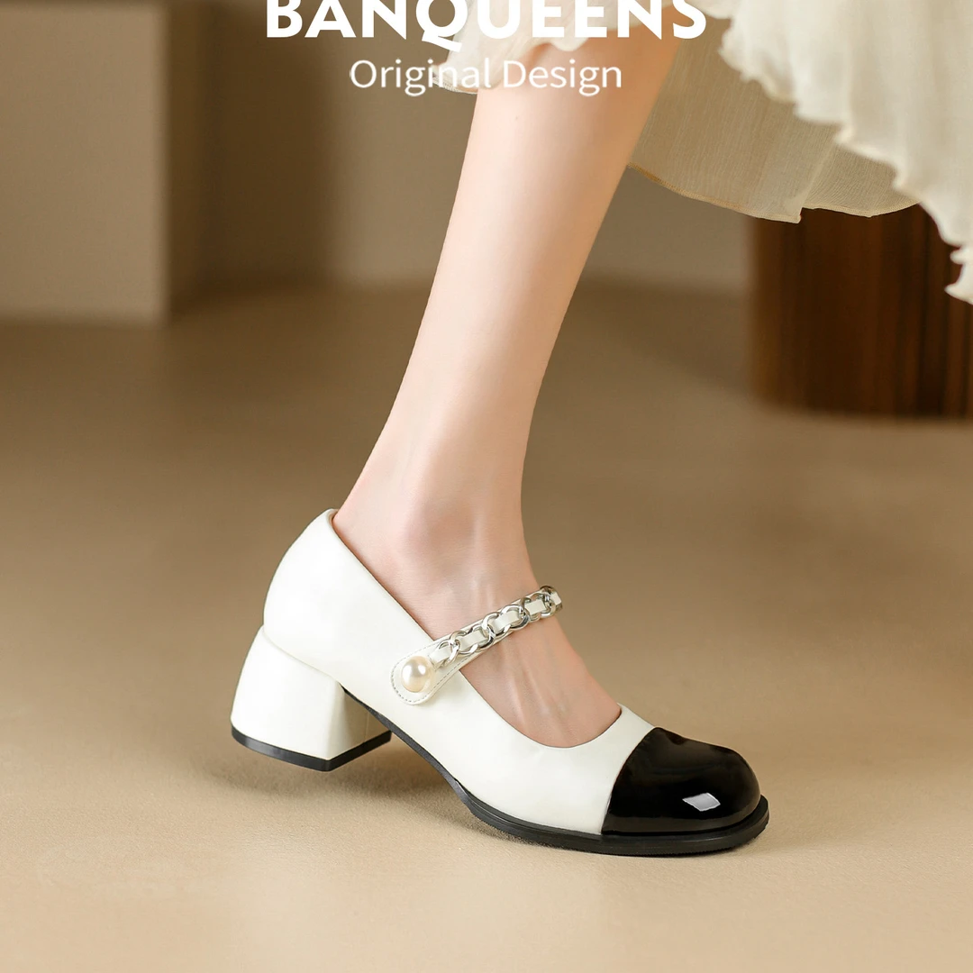 [防磨脚]半曲小香风玛丽珍鞋女高跟鞋小皮鞋珍珠法式黑白粗跟单鞋